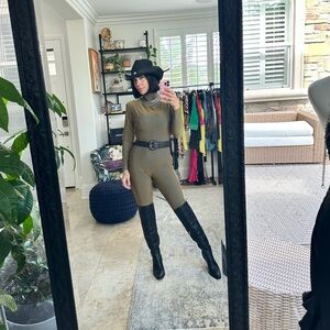 80s Brass Gold Jumspsuit Bodycon High Neck Chic